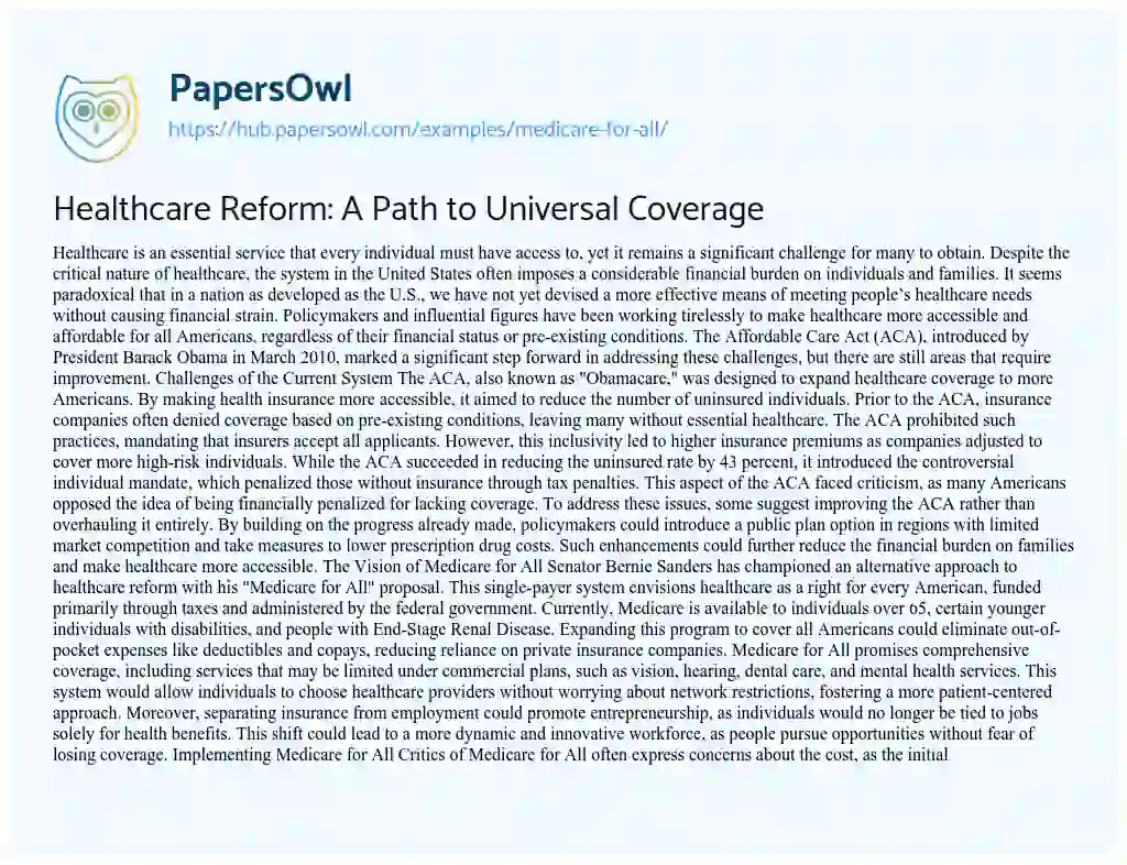 Essay on Healthcare Reform: A Path to Universal Coverage
