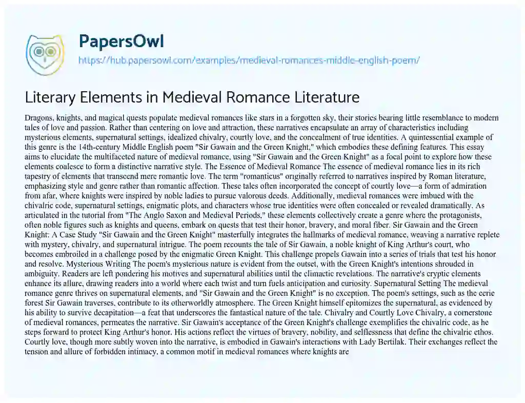 Essay on Literary Elements in Medieval Romance Literature
