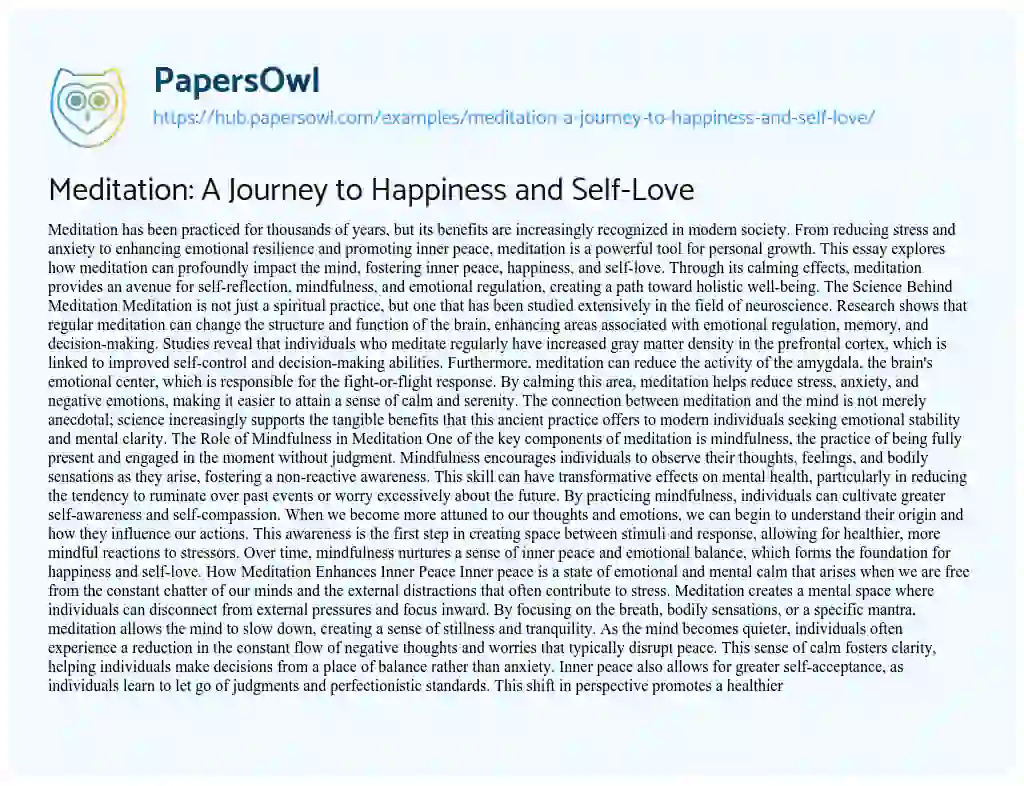 Essay on Meditation: A Journey to Happiness and Self-Love