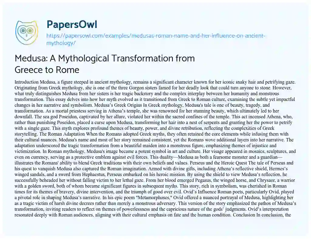 Essay on Medusa: A Mythological Transformation from Greece to Rome