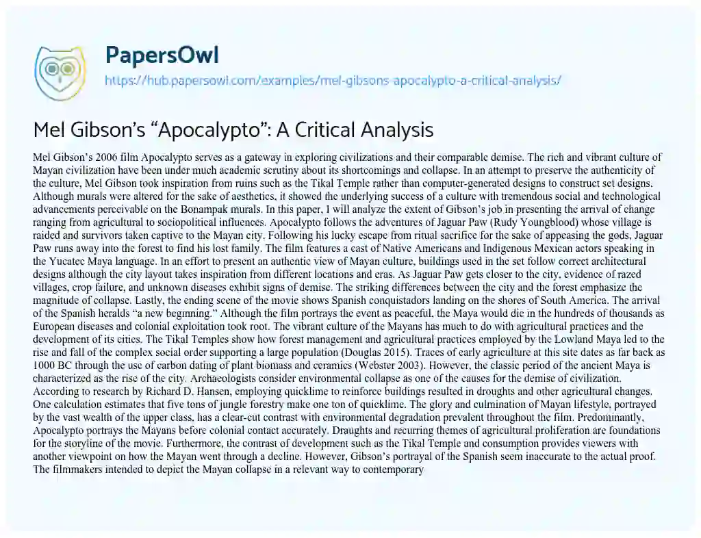 Essay on Mel Gibson’s “Apocalypto”: A Critical Analysis