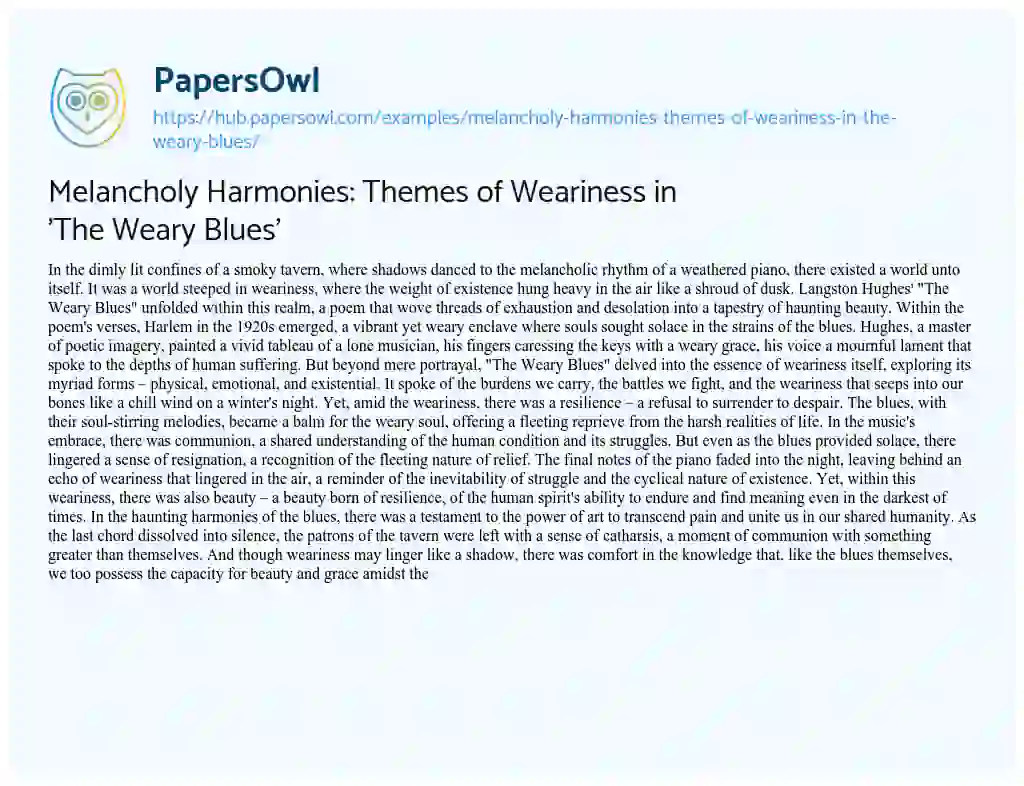 Essay on Melancholy Harmonies: Themes of Weariness in ‘The Weary Blues’