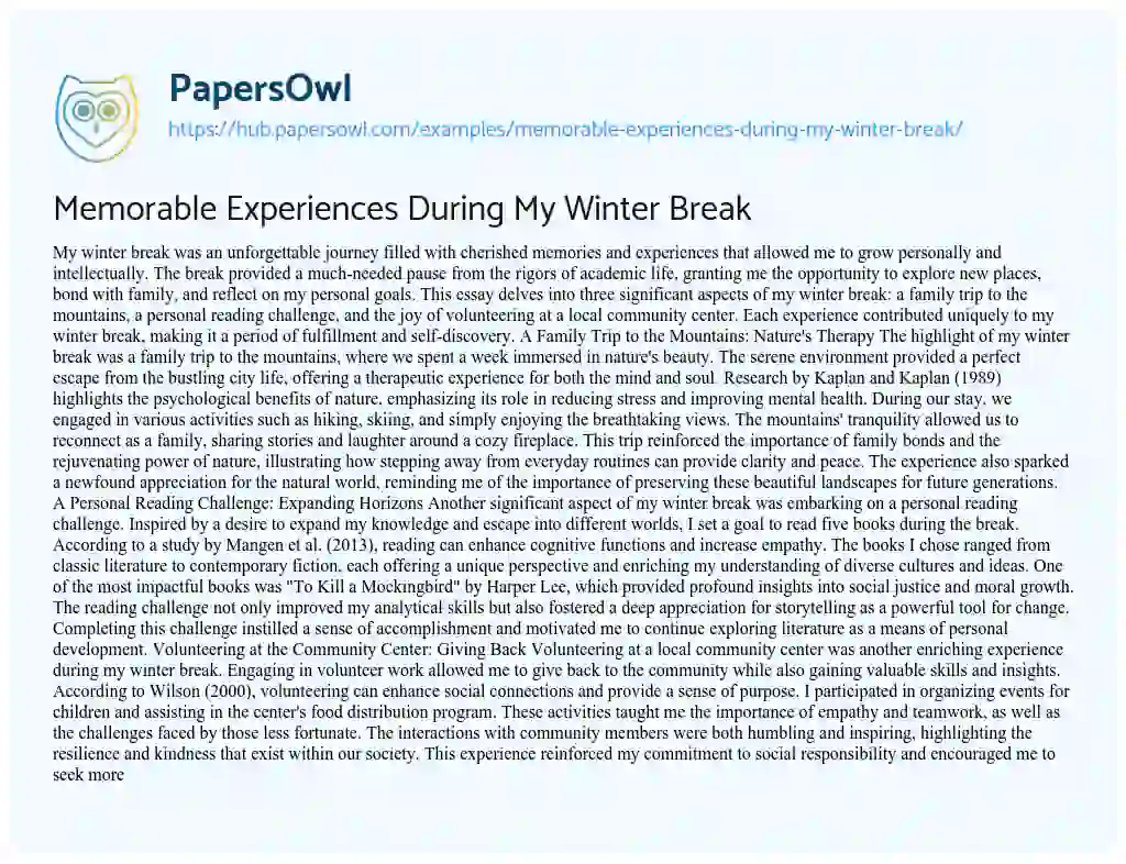 Essay on Memorable Experiences During My Winter Break