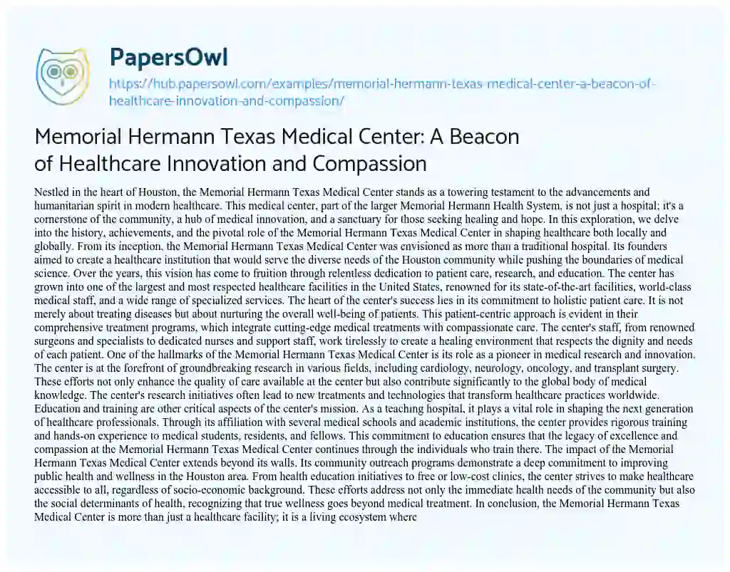 Essay on Memorial Hermann Texas Medical Center: A Beacon of Healthcare Innovation and Compassion