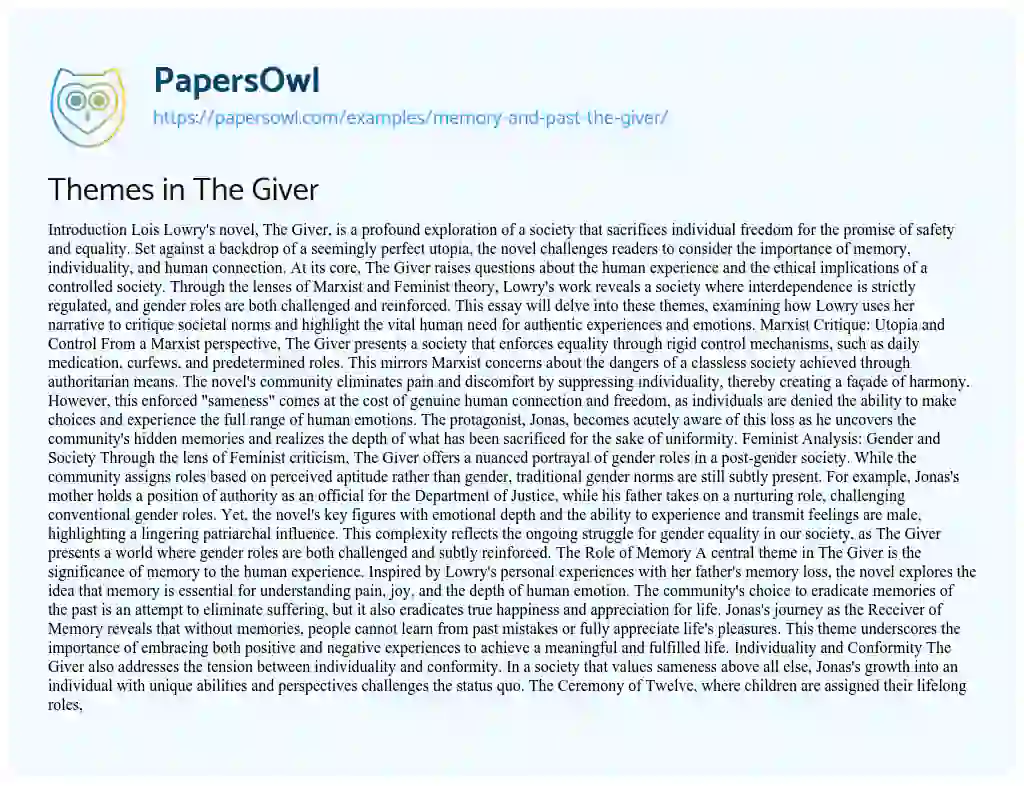 Essay on Themes in The Giver