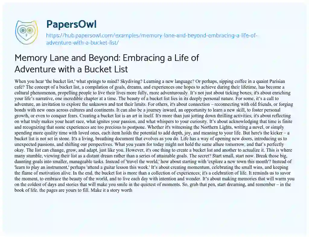 Essay on Memory Lane and Beyond: Embracing a Life of Adventure with a Bucket List