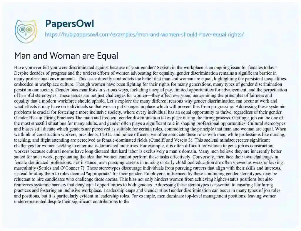 Essay on Man and Woman are Equal