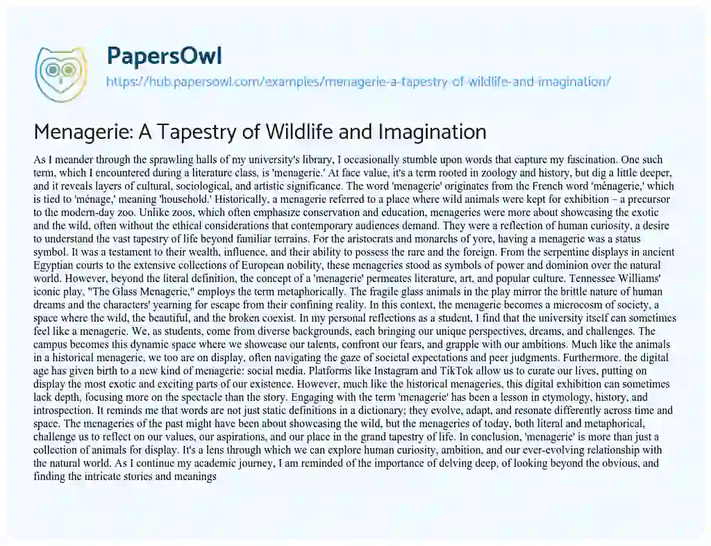 Essay on Menagerie: A Tapestry of Wildlife and Imagination
