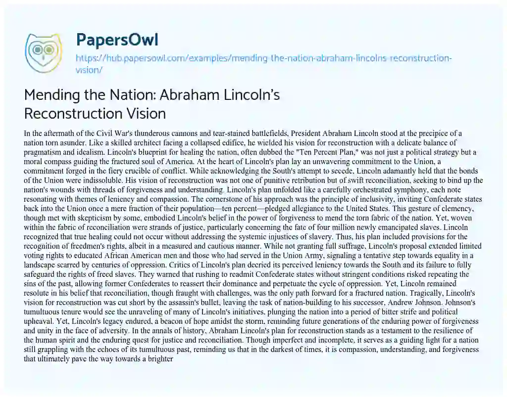 Essay on Mending the Nation: Abraham Lincoln’s Reconstruction Vision