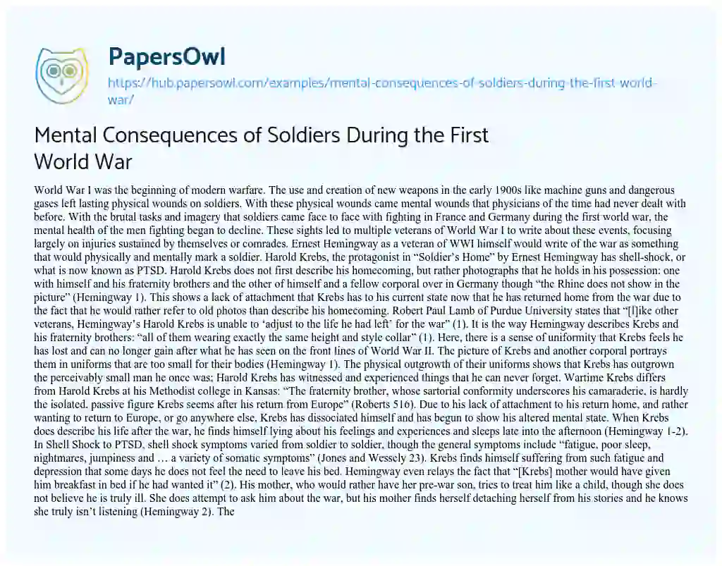 Essay on Mental Consequences of Soldiers During the First World War