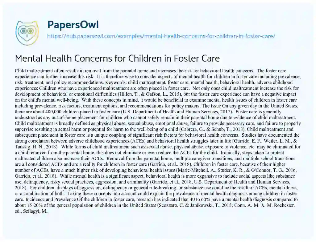 Essay on Mental Health Concerns for Children in Foster Care