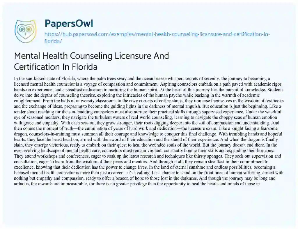 Essay on Mental Health Counseling Licensure And Certification In Florida