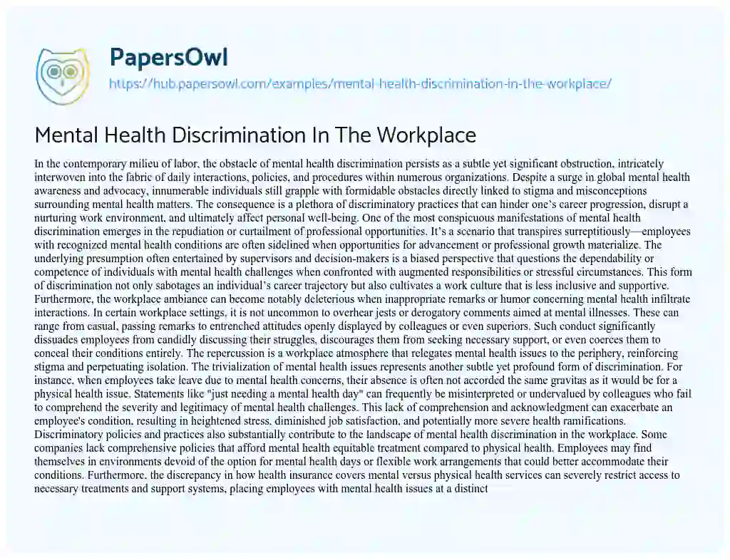 Essay on Mental Health Discrimination In The Workplace
