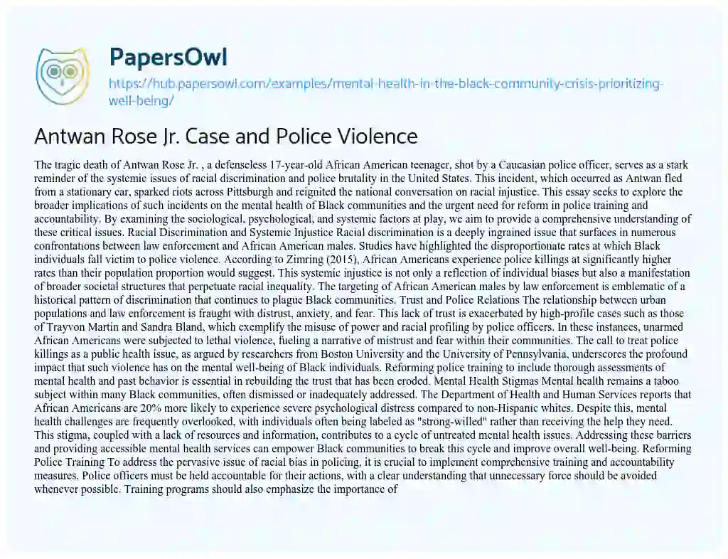 Essay on Antwan Rose Jr. Case and Police Violence