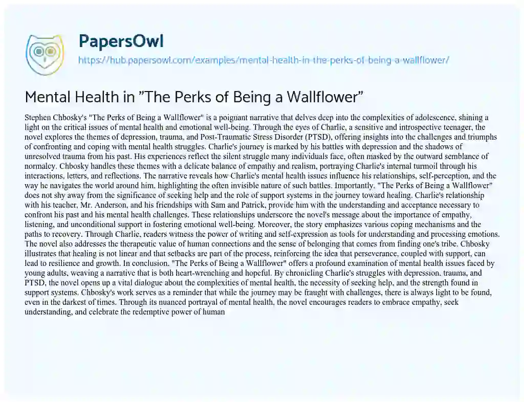 Essay on Mental Health in “The Perks of Being a Wallflower”