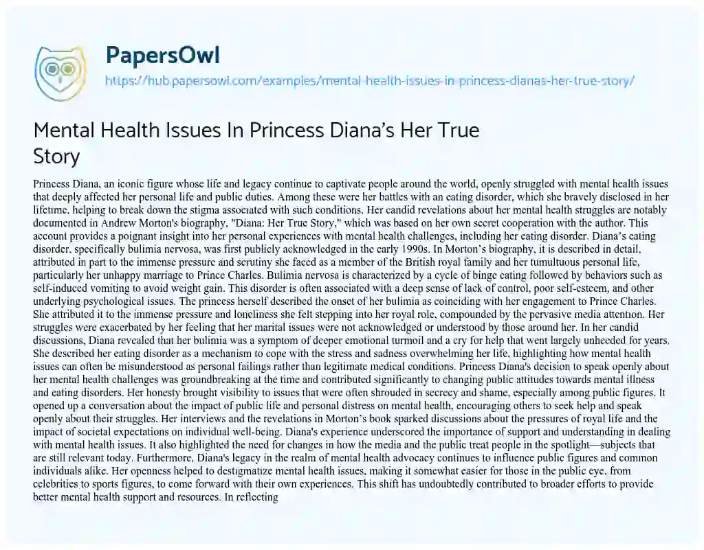 Essay on Mental Health Issues In Princess Diana’s Her True Story