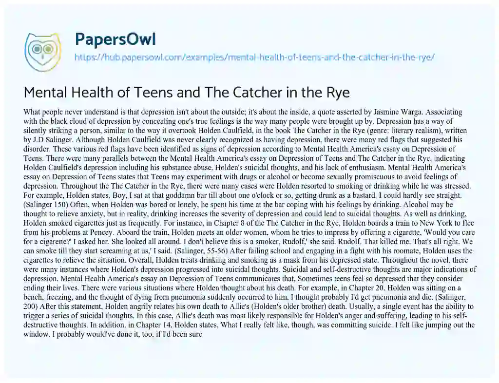 Essay on Mental Health of Teens and The Catcher in the Rye