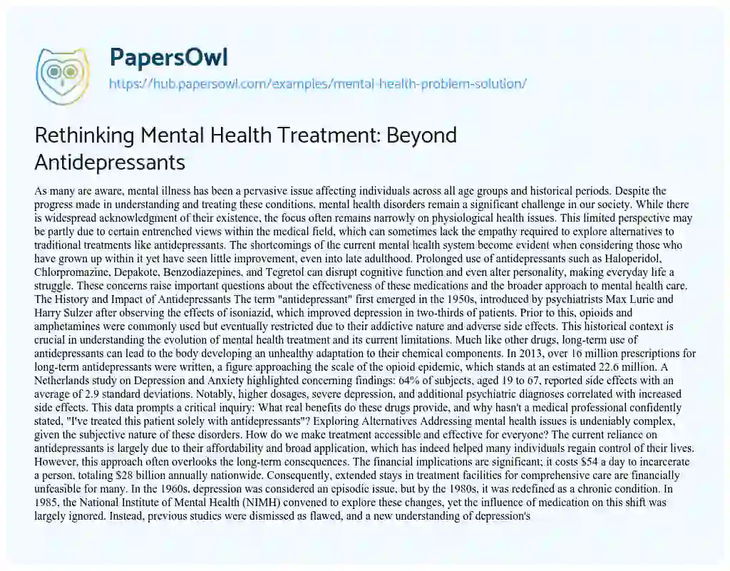 Essay on Rethinking Mental Health Treatment: Beyond Antidepressants