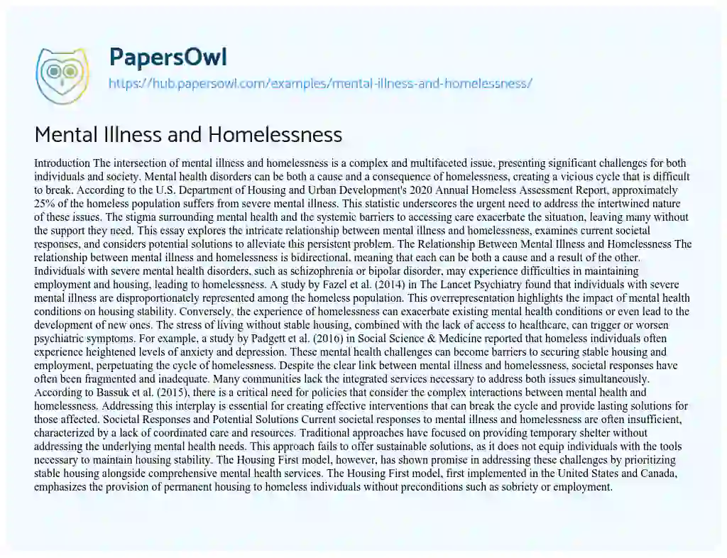 Essay on Mental Illness and Homelessness