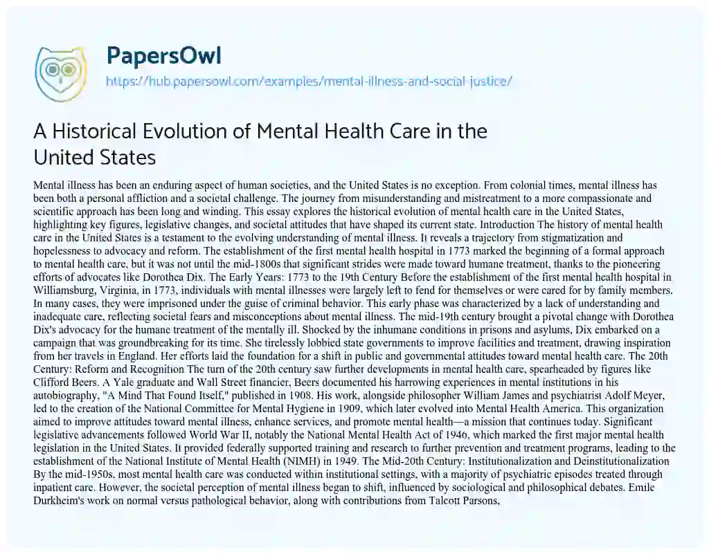 Essay on A Historical Evolution of Mental Health Care in the United States