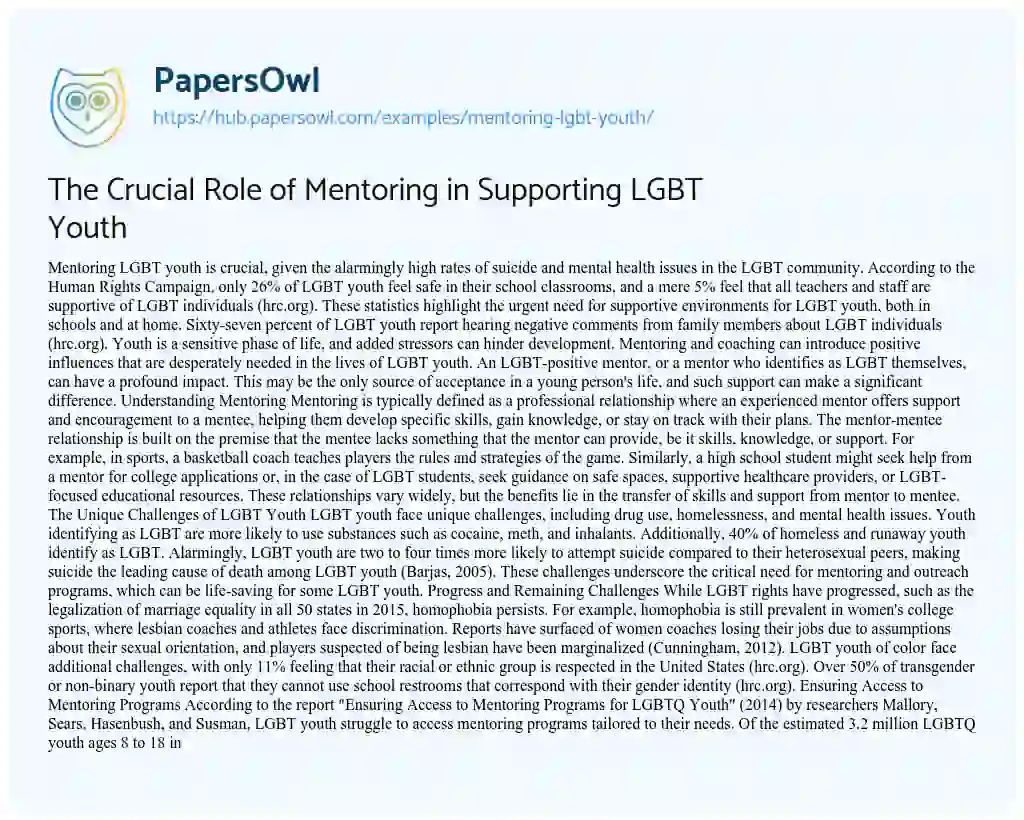 Essay on The Crucial Role of Mentoring in Supporting LGBT Youth