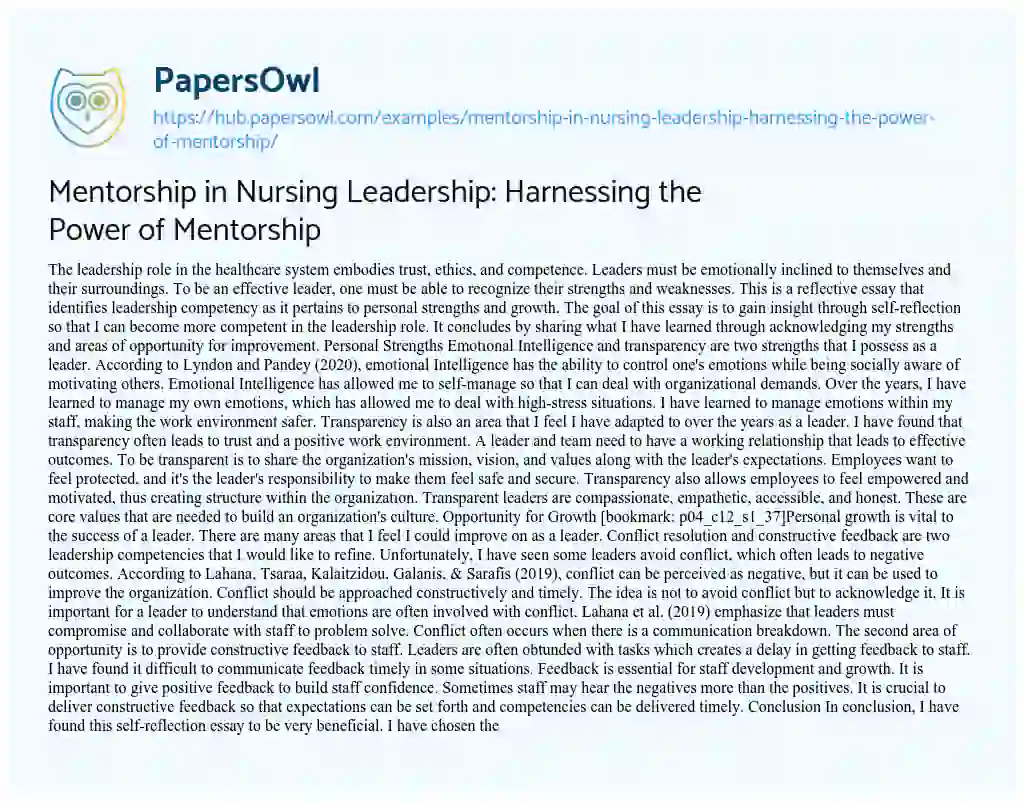 Essay on Mentorship in Nursing Leadership: Harnessing the Power of Mentorship