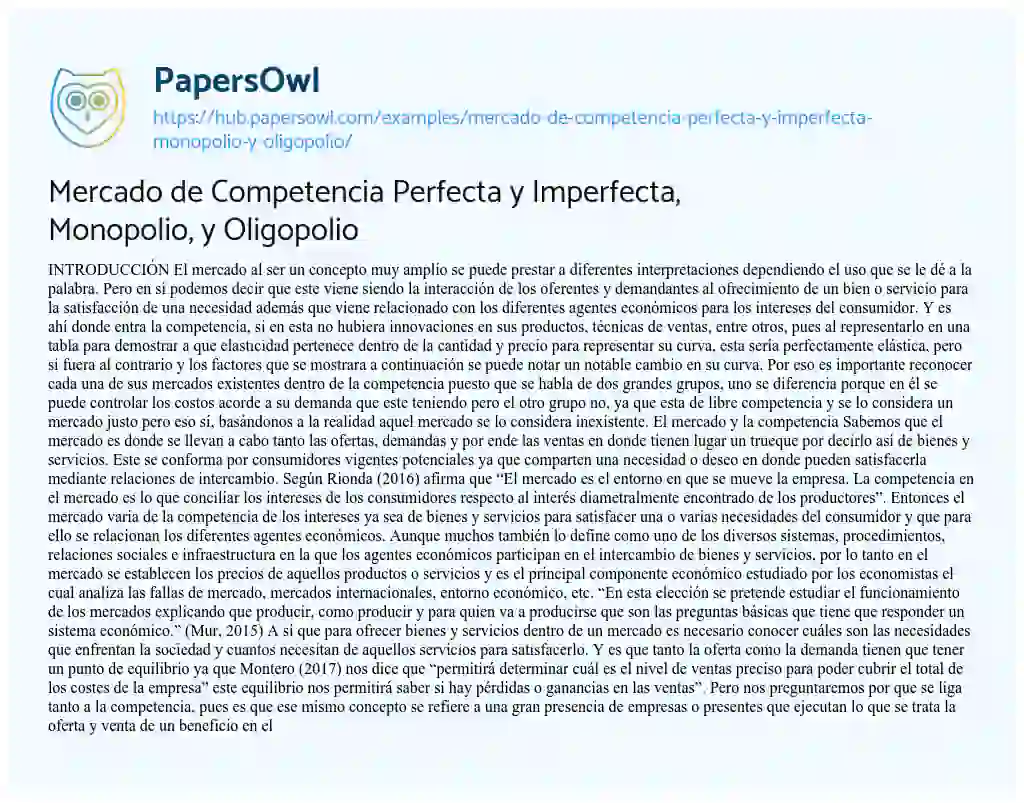 Essay on Mercado de Competencia Perfecta y Imperfecta, Monopolio, y Oligopolio