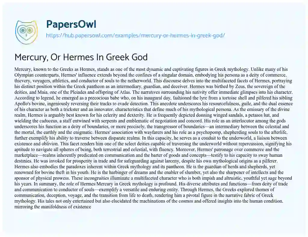 Essay on Mercury, Or Hermes In Greek God