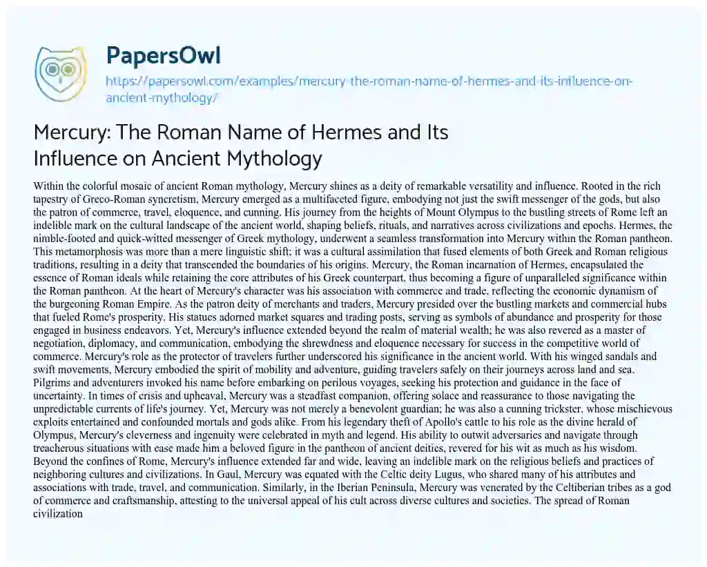 Essay on Mercury: The Roman Name of Hermes and Its Influence on Ancient Mythology