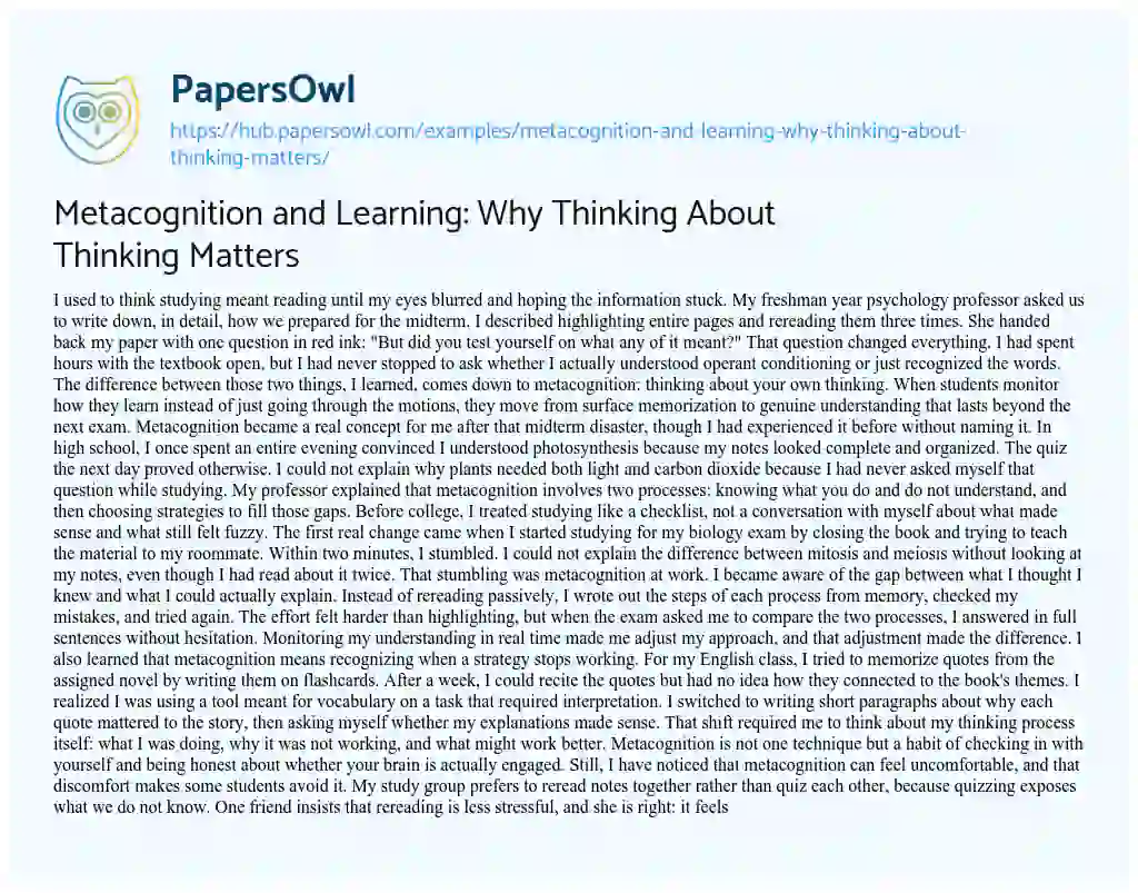 Essay on Metacognition and Learning: Why Thinking About Thinking Matters