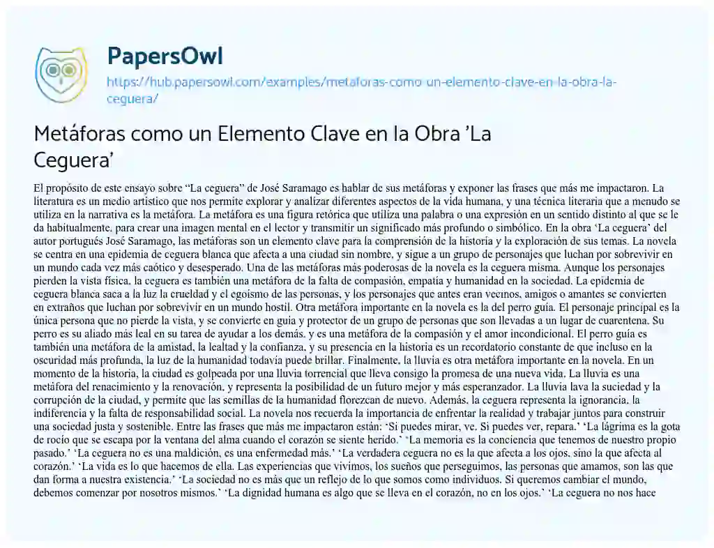 Essay on Metáforas como un Elemento Clave en la Obra ‘La Ceguera’