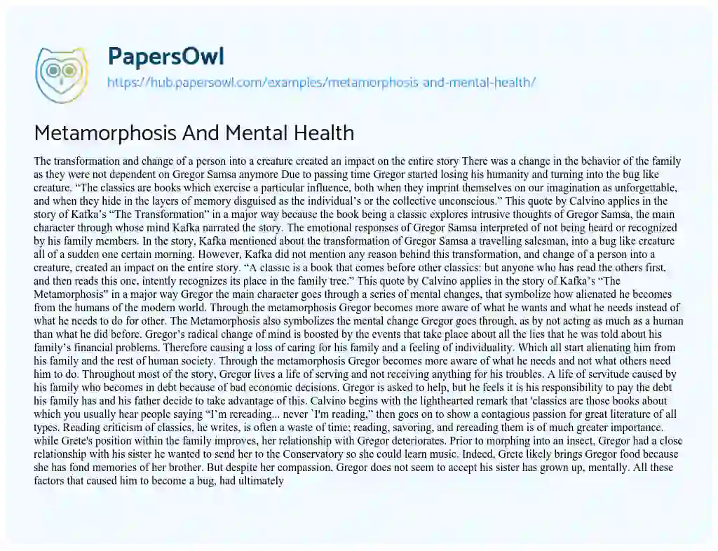 Essay on Metamorphosis And Mental Health