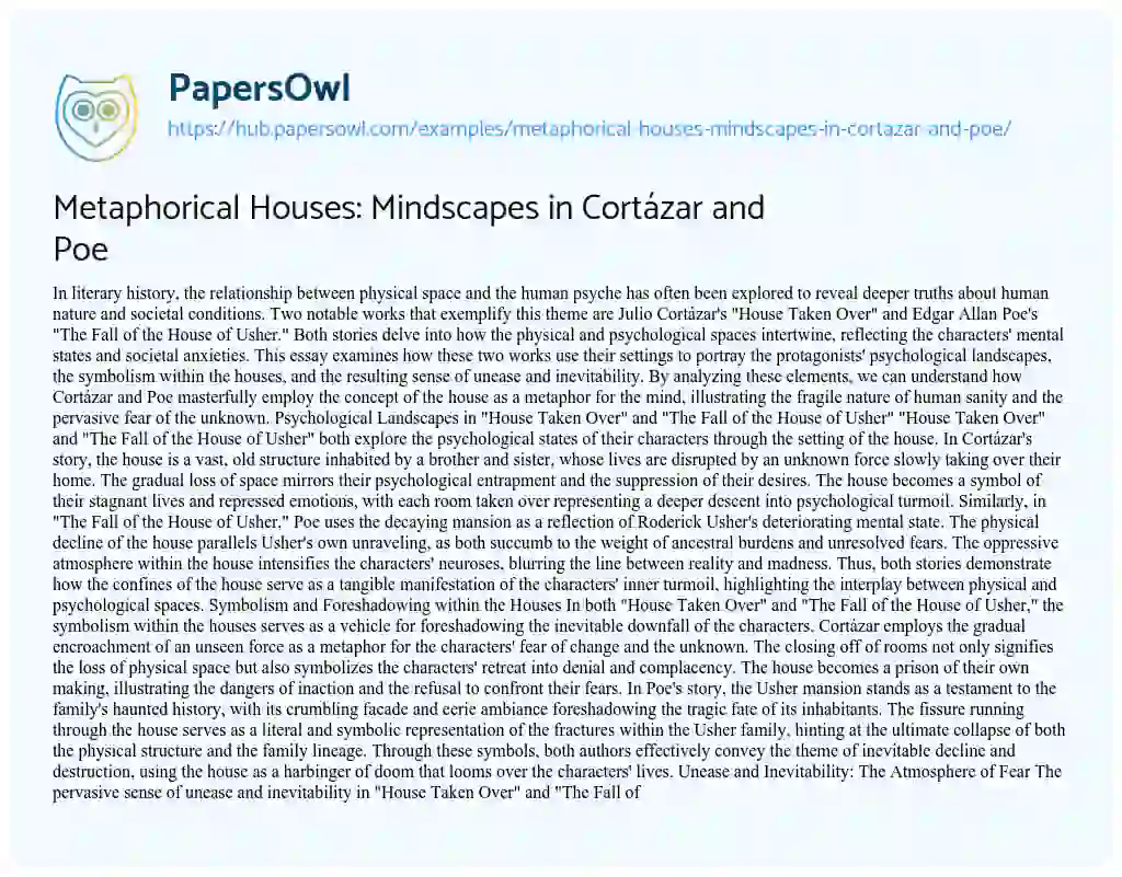Essay on Metaphorical Houses: Mindscapes in Cortázar and Poe