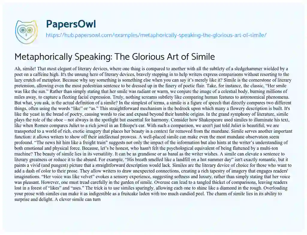 Essay on Metaphorically Speaking: The Glorious Art of Simile