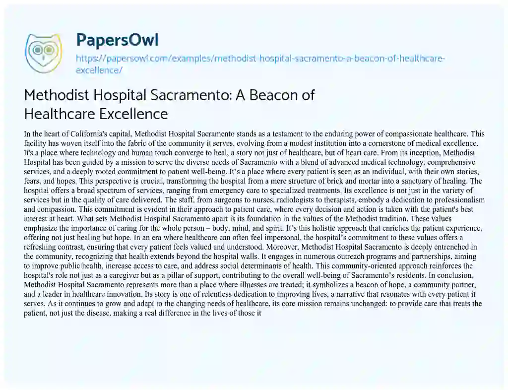 Essay on Methodist Hospital Sacramento: A Beacon of Healthcare Excellence