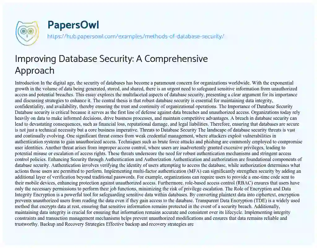 Essay on Improving Database Security: A Comprehensive Approach