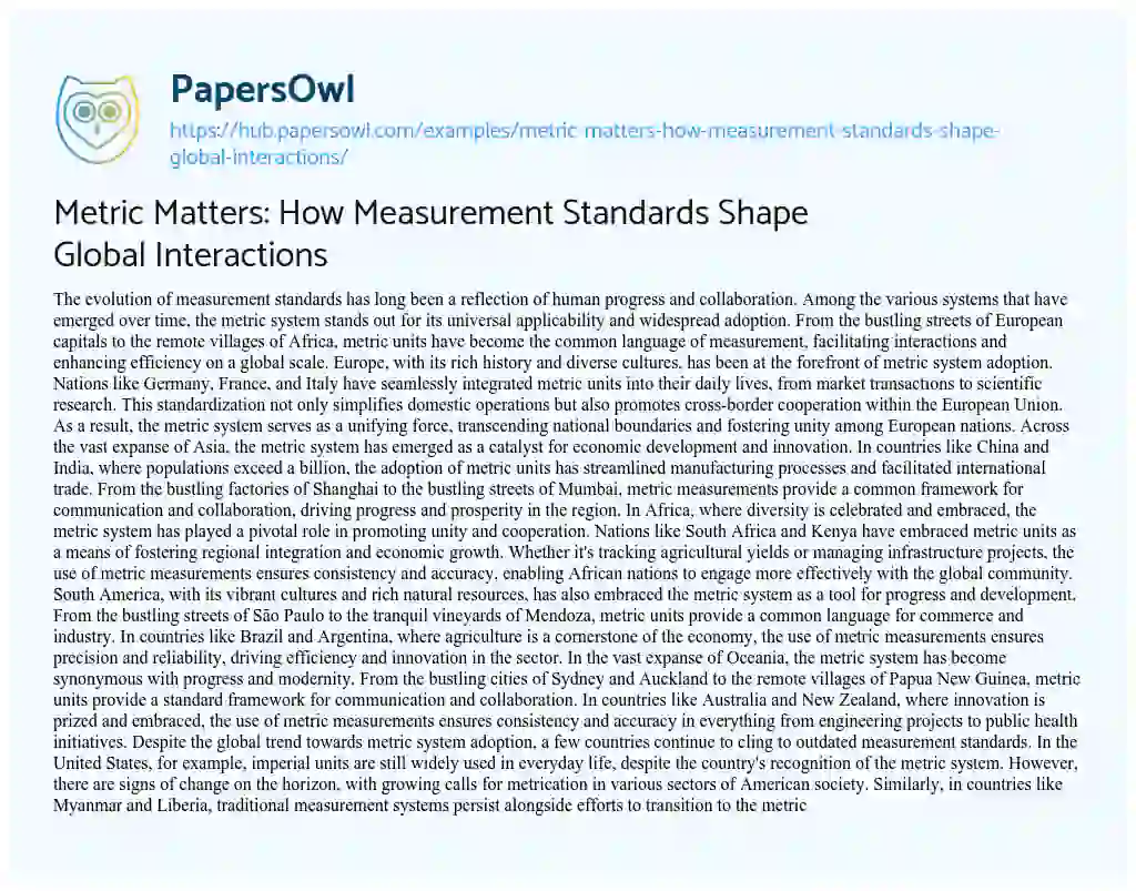 Essay on Metric Matters: How Measurement Standards Shape Global Interactions