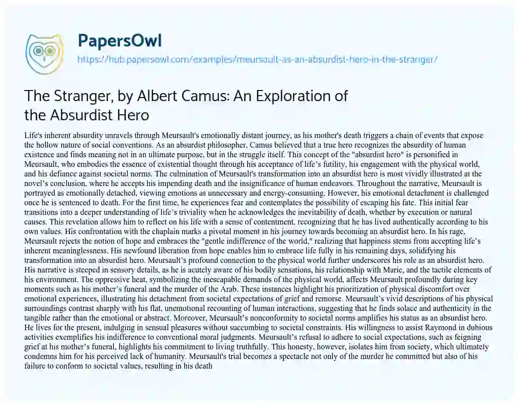 Essay on The Stranger, by Albert Camus: An Exploration of the Absurdist Hero