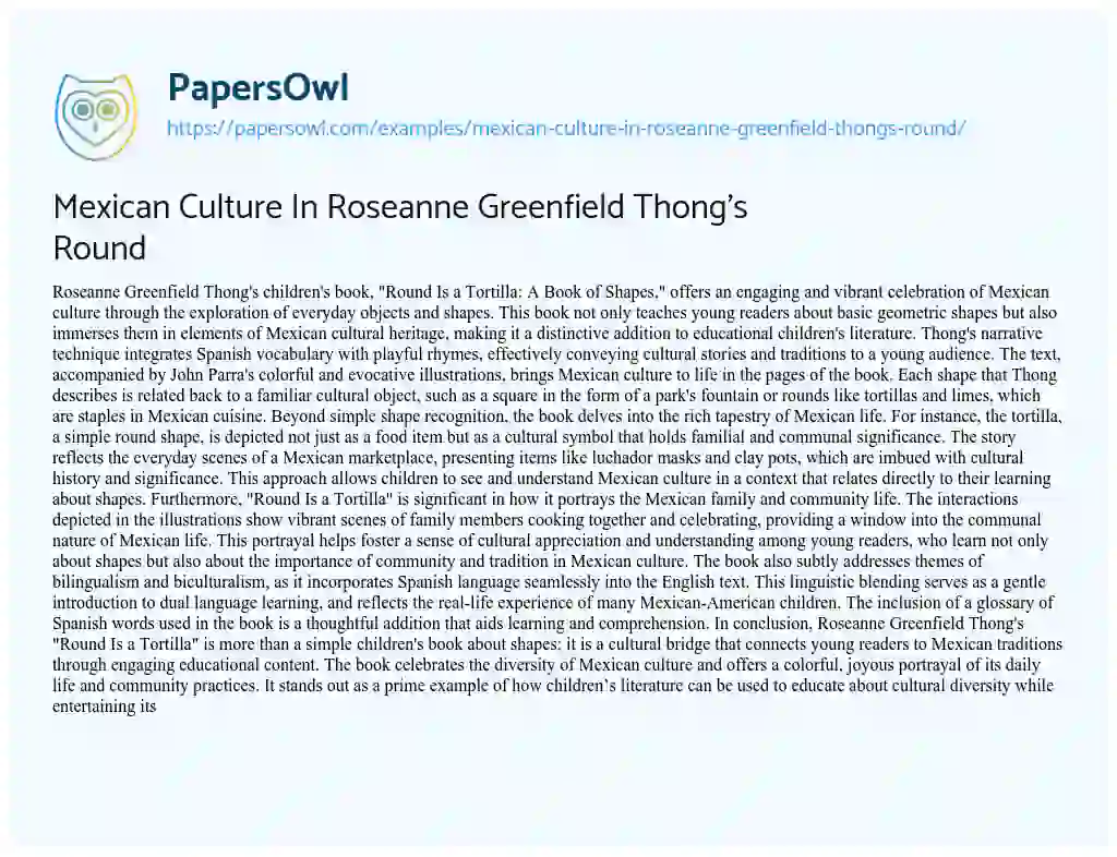 Essay on Mexican Culture In Roseanne Greenfield Thong’s Round