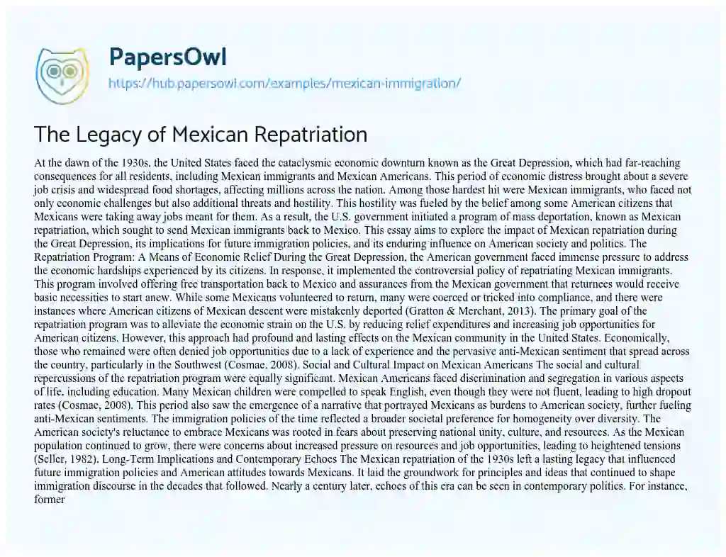 Essay on The Legacy of Mexican Repatriation