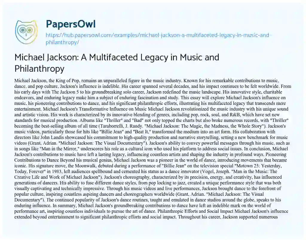Essay on Michael Jackson: A Multifaceted Legacy in Music and Philanthropy