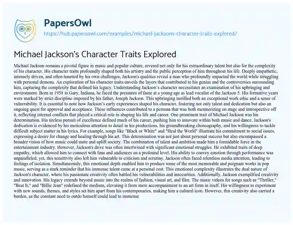 Essay on Michael Jackson’s Character Traits Explored