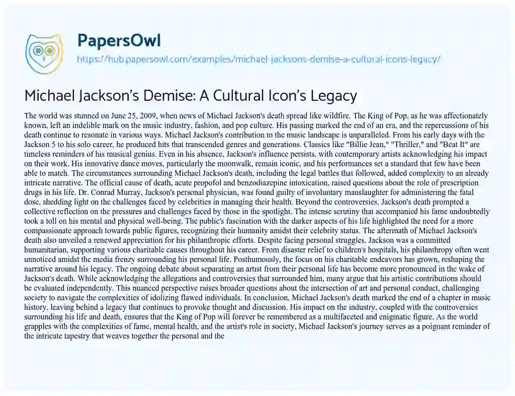 Essay on Michael Jackson’s Demise: A Cultural Icon’s Legacy