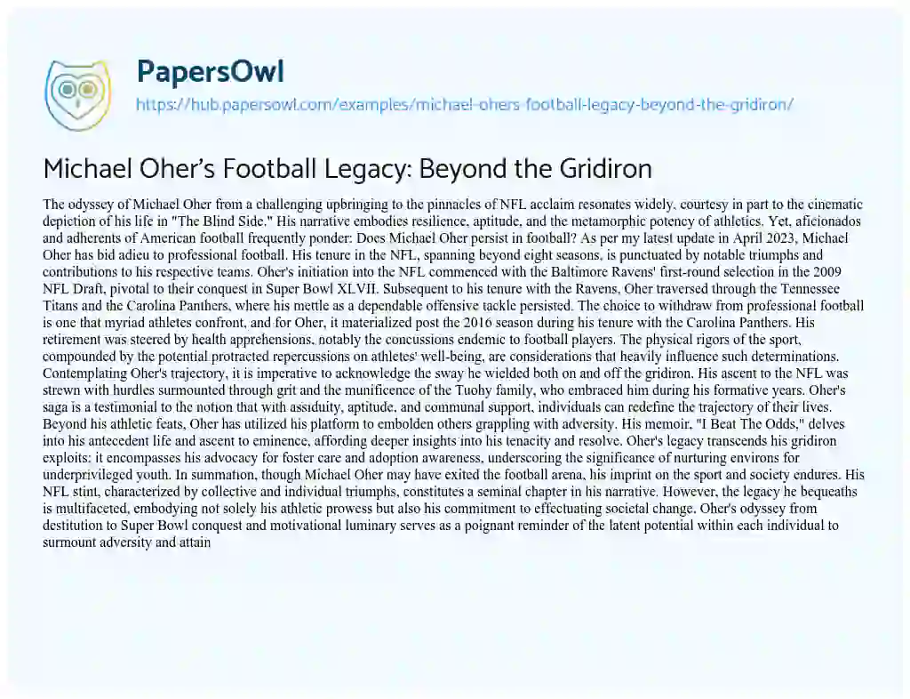 Essay on Michael Oher’s Football Legacy: Beyond the Gridiron