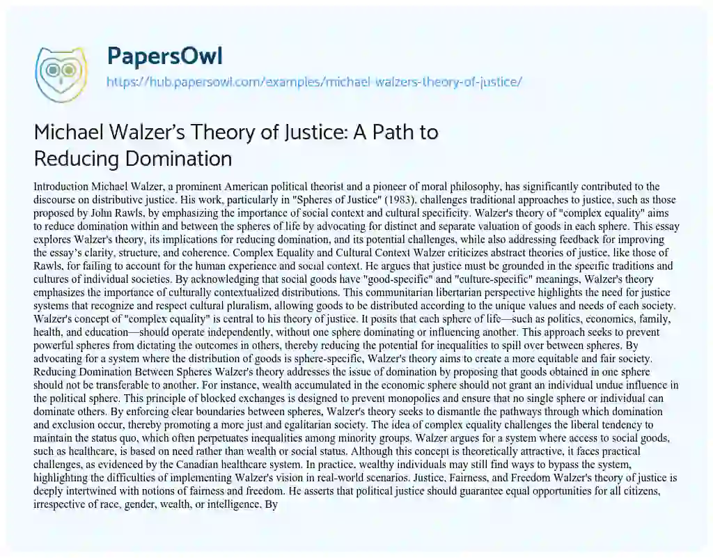 Essay on Michael Walzer’s Theory of Justice: A Path to Reducing Domination