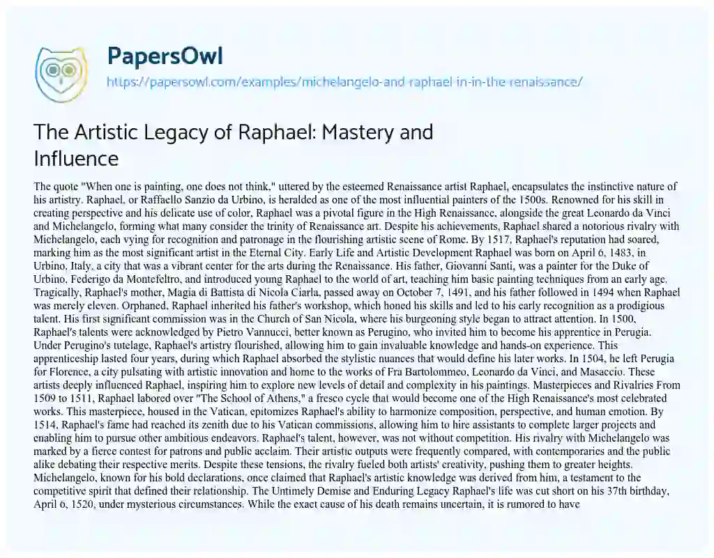 Essay on The Artistic Legacy of Raphael: Mastery and Influence