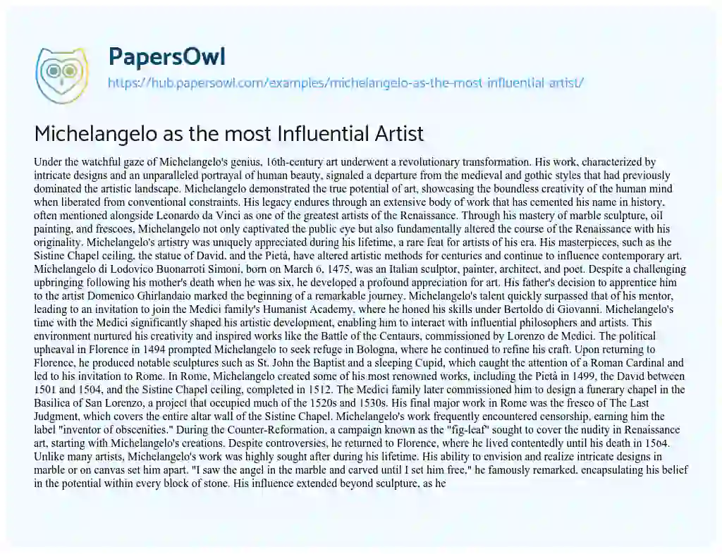 Essay on Michelangelo as the most Influential Artist