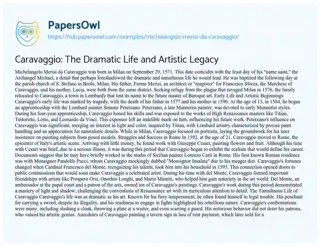 Essay on Caravaggio: The Dramatic Life and Artistic Legacy