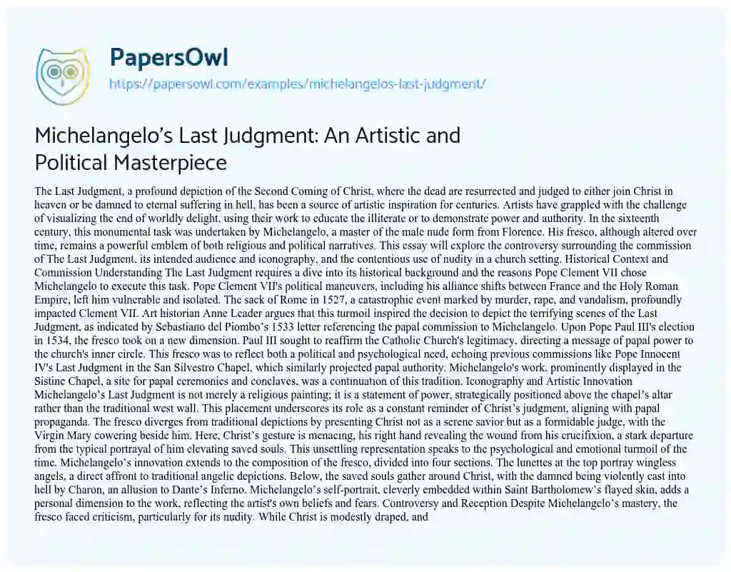 Essay on Michelangelo’s Last Judgment: An Artistic and Political Masterpiece