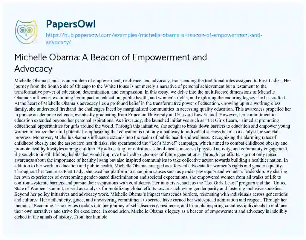 Essay on Michelle Obama: A Beacon of Empowerment and Advocacy